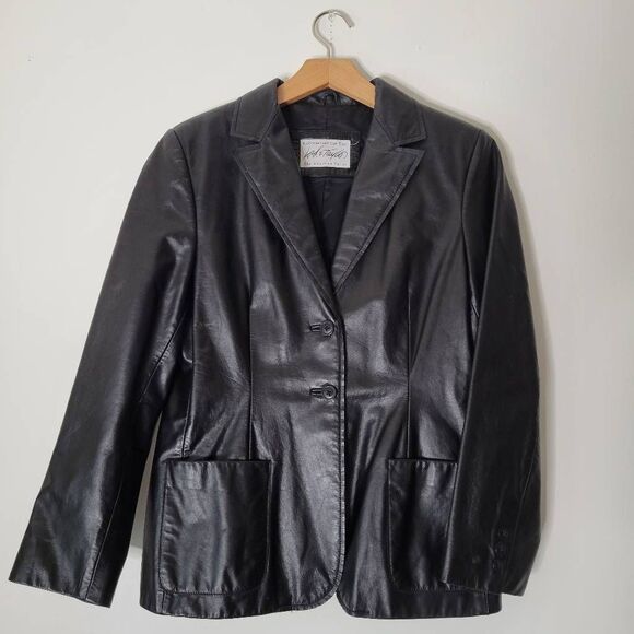 Lord & Taylor Vintage Genuine Leather Blazer Jacket Black American Petite PM - Picture 1 of 9